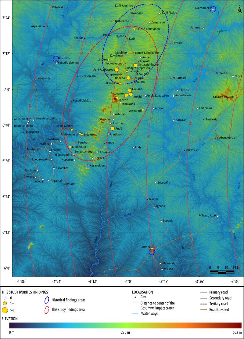 Carte de localisation des nouvelles trouvailles de tectites (dans l’ellipse rouge) par rapport aux trouvailles historiques (dans l’ellipse bleue), les cercles correspondent à la distance au cratère source au Ghana.